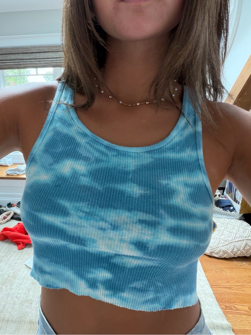 Blue Tie-Dye Ribbed Crop Tank Top - Women